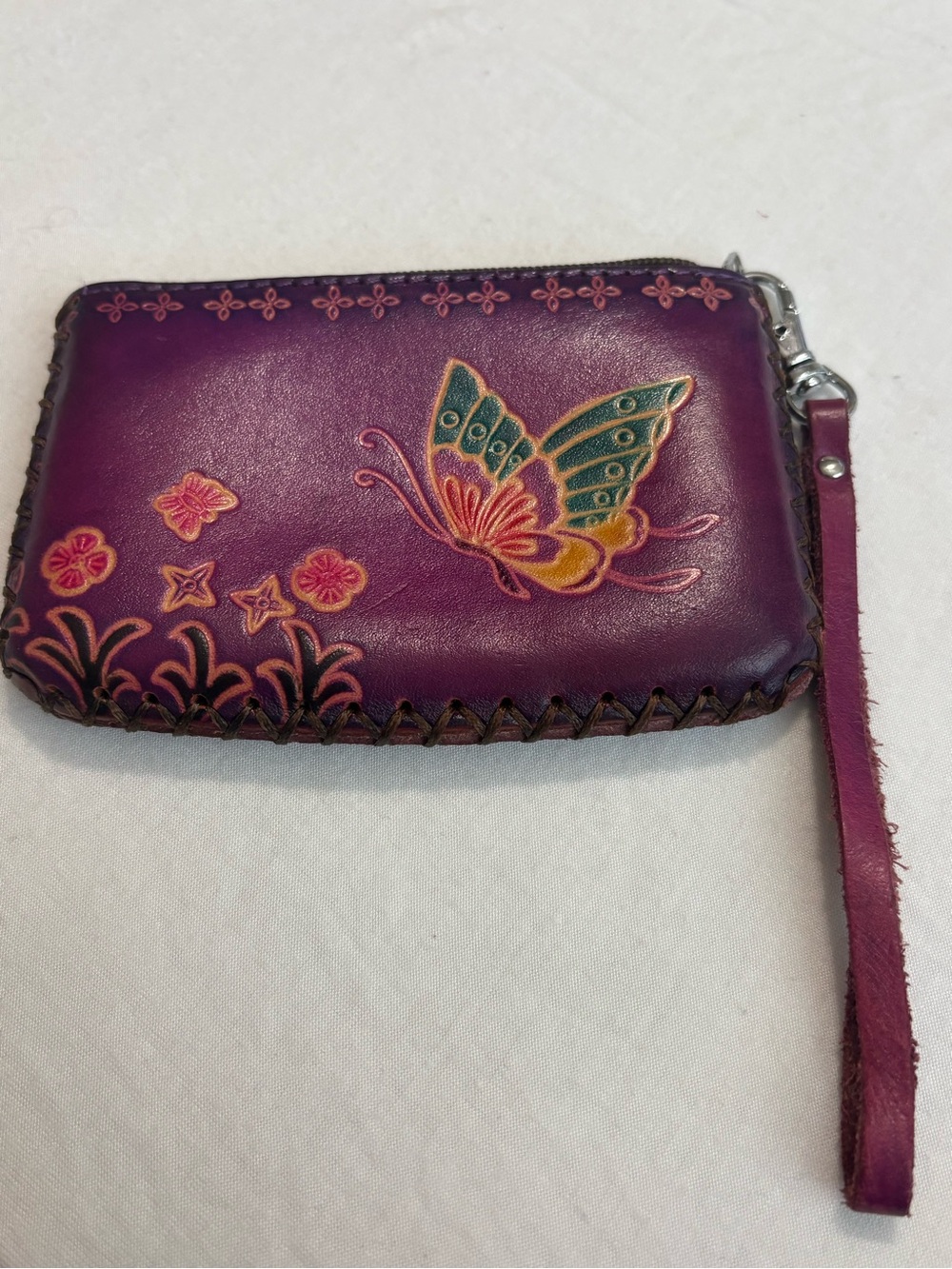 Vintage Hand Tooled Leather Butterfly Wristlet Wallet Purple Boho Zip Coin Pouch